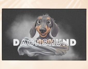 Dachshund Indoor Doormat, Doxie home accent decor rug, happy dachshund weenie dog, wiener dog throw rug with backing Cute Dachshund rug gift