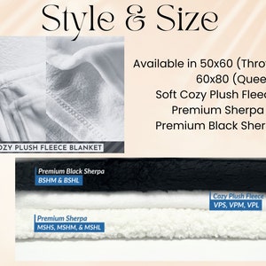 Puede incluir: Primer plano de una manta de felpa blanca y una manta de sherpa negra. El texto "Cozy Plush Fleece Blanket" es visible en la manta blanca. El texto "Premium Black Sherpa" es visible en la manta negra. El texto "Premium Sherpa" es visible en la manta blanca. El texto "Available in 50x60 (Throw size) 60x80 (Queen size) Soft Cozy Plush Fleece Premium Sherpa Premium Black Sherpa" es visible en el lado derecho de la imagen.