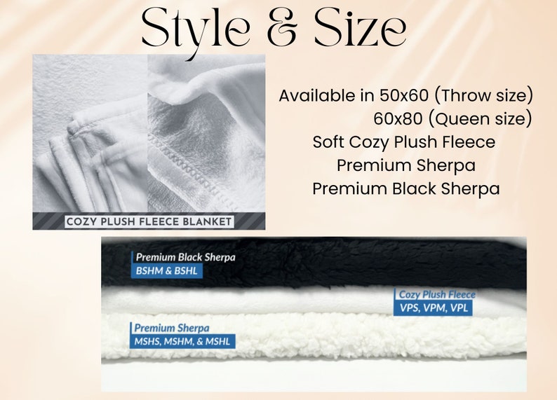 Puede incluir: Primer plano de una manta de felpa blanca y una manta de sherpa negra. El texto "Cozy Plush Fleece Blanket" es visible en la manta blanca. El texto "Premium Black Sherpa" es visible en la manta negra. El texto "Premium Sherpa" es visible en la manta blanca. El texto "Available in 50x60 (Throw size) 60x80 (Queen size) Soft Cozy Plush Fleece Premium Sherpa Premium Black Sherpa" es visible en el lado derecho de la imagen.