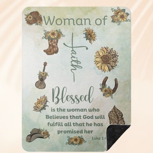 May include: A teal blue background with a white cross and the text "Woman of Faith Blessed is the woman who Believes that God will fulfill all that he has promised her Luke 1:4". The background is decorated with sunflowers, cowboy boots, a horseshoe, a guitar, and a leopard print leaf.
