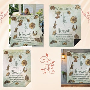 May include: A soft, green and brown throw blanket with a floral design and the text "Woman of Faith Blessed is the woman who Believes that God will fulfill all that he has promised her Luke 1:45".