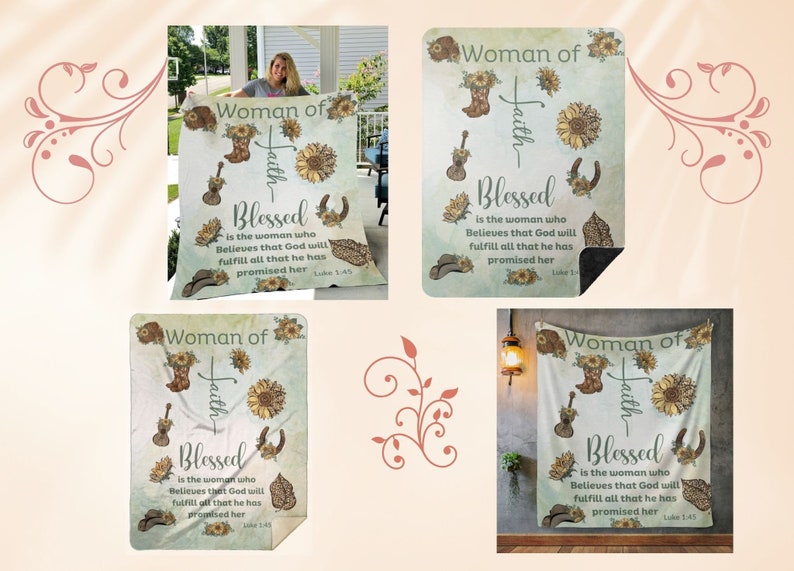 May include: A soft, green and brown throw blanket with a floral design and the text "Woman of Faith Blessed is the woman who Believes that God will fulfill all that he has promised her Luke 1:45".