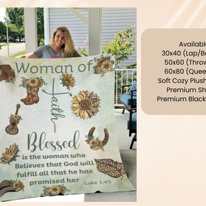 May include: A white throw blanket with a green and brown floral design. The blanket features the text "Woman of Faith Blessed is the woman who Believes that God will fulfill all that he has promised her Luke 1:45".