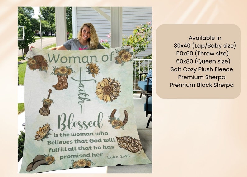 May include: A white throw blanket with a green and brown floral design. The blanket features the text "Woman of Faith Blessed is the woman who Believes that God will fulfill all that he has promised her Luke 1:45".