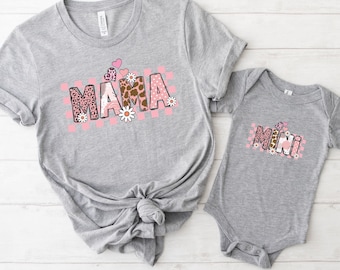 Checkerboard Daisy Hearts Mama Mini shirts,  Mom and child matching T-shirt, Mother Daughter Gift Tee Mini Mama Gift Shirt set Baby to Adult