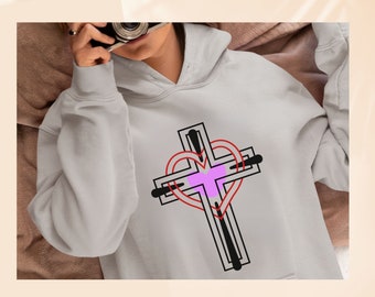 Pull à capuche croix et coeur, sweat à capuche chrétien avec poche avant, chemise cadeau église pour elle, écriture minimaliste Dieu vêtements religieux