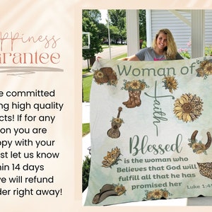 May include: A soft, white throw blanket with a green and brown floral design. The blanket features the text "Woman of Faith - Blessed is the woman who Believes that God will fulfill all that he has promised her Luke 1:45".