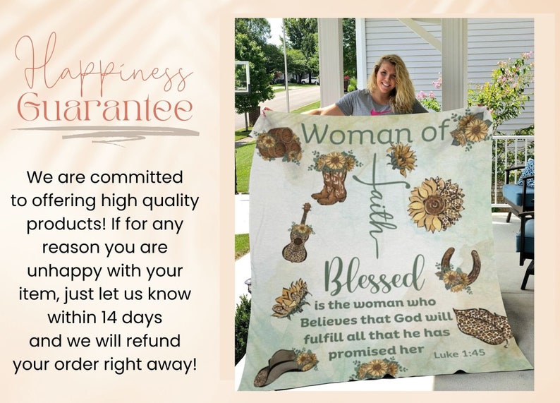 May include: A soft, white throw blanket with a green and brown floral design. The blanket features the text "Woman of Faith - Blessed is the woman who Believes that God will fulfill all that he has promised her Luke 1:45".