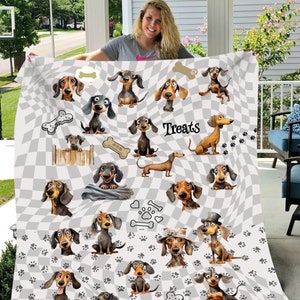 Dachshund Fun Cute Cartoon Whimsical Blanket Soft Cozy Plush Fleece, Sherpa and Black Sherpa, Gift for Wiener Dog Doxie Lovers Dachshund Mom