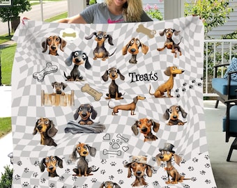 Dachshund Fun Cute Cartoon Whimsical Blanket Soft Cozy Plush Fleece, Sherpa and Black Sherpa, Gift for Wiener Dog Doxie Lovers Dachshund Mom