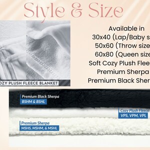 May include: Cozy plush fleece blanket in white and black sherpa. Available in three sizes: 30x40 inches (lap/baby), 50x60 inches (throw), and 60x80 inches (queen).