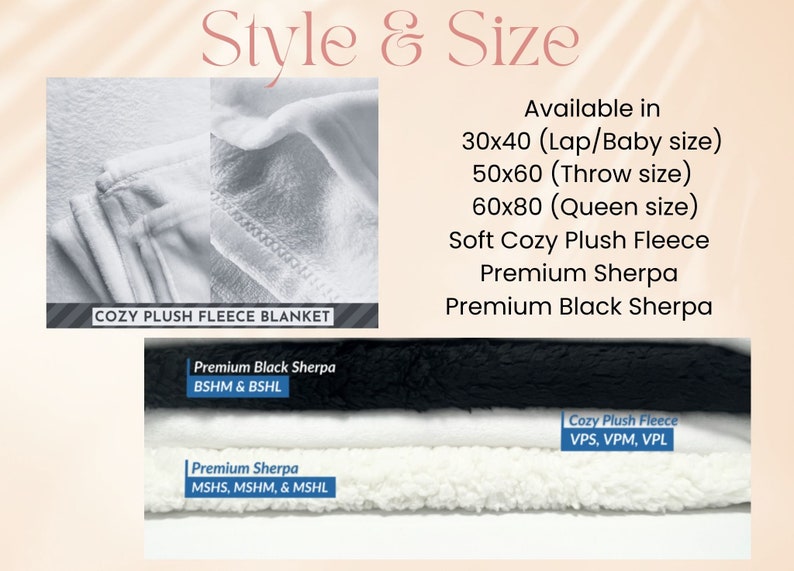 May include: Cozy plush fleece blanket in white and black sherpa. Available in three sizes: 30x40 inches (lap/baby), 50x60 inches (throw), and 60x80 inches (queen).