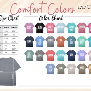 May include: A size chart and color chart for unisex t-shirts. The chart shows the different sizes and corresponding width and length measurements in inches. The color chart shows a variety of colors, including berry, black, water melon, Chambray, chalky mint, crimson, crunch berry, denim, flo blue, granite, yam, ice blue, island reef, lagoon blue, light green, pepper, salmon, seafoam, navy, violet, blossom, blue jean, gray, ivory, khaki, and monarch.
