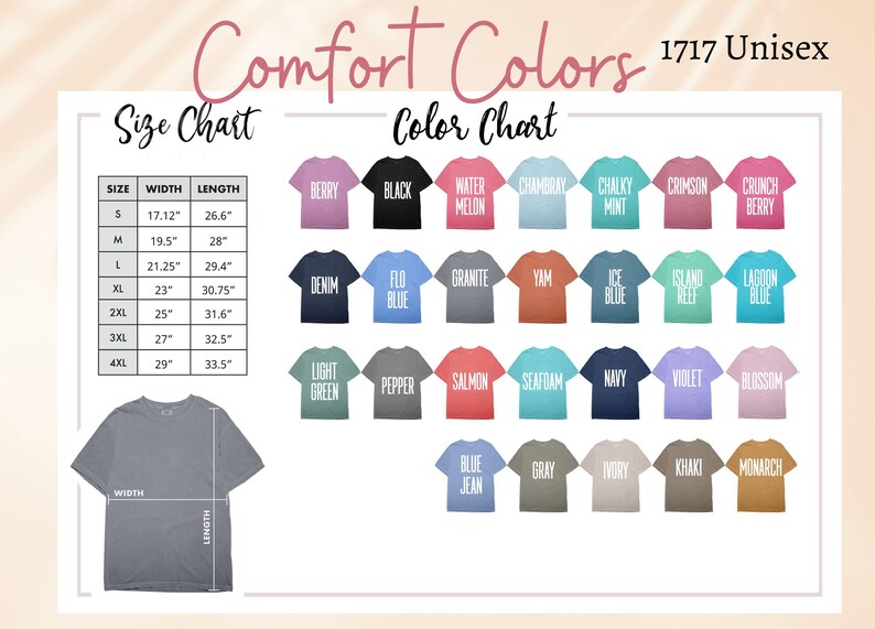 May include: A size chart and color chart for unisex t-shirts. The chart shows the different sizes and corresponding width and length measurements in inches. The color chart shows a variety of colors, including berry, black, water melon, Chambray, chalky mint, crimson, crunch berry, denim, flo blue, granite, yam, ice blue, island reef, lagoon blue, light green, pepper, salmon, seafoam, navy, violet, blossom, blue jean, gray, ivory, khaki, and monarch.