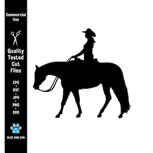 May include: A black silhouette of a person riding a horse, wearing a cowboy hat. The horse is in profile, with its head and tail visible. The image includes text on the left side: "Commercial Use", "Quality Tested Cut Files", and file type abbreviations.