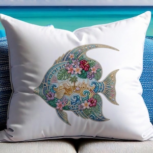 A vibrant digital design of a tropical fish decorated with a faux rhinestone and gemstone texture. The fish features a miniature tropical beach scene with a palm tree, beach chair, and waves, accented by pink hibiscus flowers. Intended for crafts, sublimation and DTF printing.