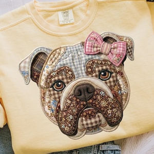 Può includere: Una felpa giallo chiaro con un'applicazione dettagliata del volto di un bulldog. Il volto del bulldog è realizzato con vari tessuti fantasia, tra cui motivi floreali e a quadri, con un fiocco rosa. La felpa ha le maniche lunghe.