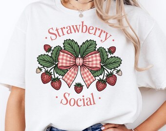 Strawberry Social PNG: Coquette Gingham Bow, Retro Summer Tee Design (Digital Download)