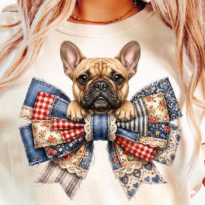 Denim Patchwork Frenchie PNG, Faux Quilted Coquette Bow French Bulldog Sublimation (Digital Download)