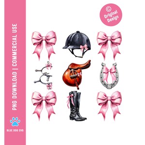 Coquette Horse Riding 3 by 3 grid PNG: Watercolor Equestrian Bows (Digital Download)