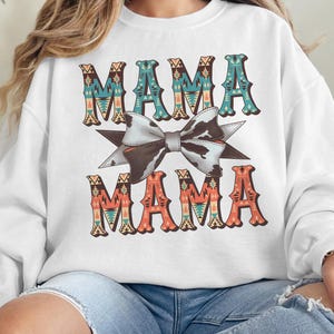 Retro Western Mama PNG: Aztec Turquoise Cowhide Bow (Digital Download)