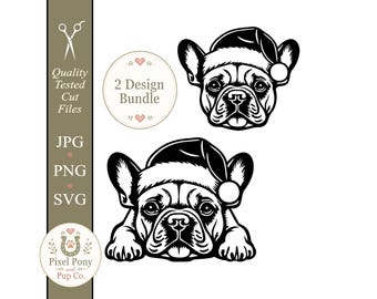 May include: A digital graphic design bundle featuring two black and white illustrations of French Bulldogs wearing Santa hats. One shows the dog's head, the other shows the dog resting its chin on its paws. Text includes Quality Tested Cut Files, 2 Design Bundle, JPG, PNG, SVG, and Pixel Pony and Pup Co.