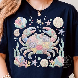 Patchwork Sea Crab PNG, Quilted & Pearl Outlined Ocean Sublimation Design, Faux Applique Coastal Clipart, Beach Digital Download