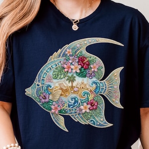 A vibrant digital design of a tropical fish decorated with a faux rhinestone and gemstone texture. The fish features a miniature tropical beach scene with a palm tree, beach chair, and waves, accented by pink hibiscus flowers. Intended for crafts, sublimation and DTF printing.