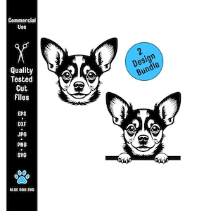 以下が含まれることがあります： 白黒のチワワ犬の頭のイラスト。1つの画像は犬の顔を示し、もう1つは小さな棚のある犬の顔を示しています。「2 Design Bundle」というテキストが青い円の中にあります。画像には「Commercial Use」と「Quality Tested Cut Files」というテキストも含まれています。