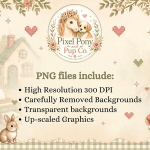 K&ouml;nnte beinhalten: Eine digitale Grafik mit dem Text Pixel Pony and Pup Co. und einer Illustration von Pony und Welpe. Das Bild listet auf: PNG files include: High Resolution 300 DPI, Carefully Removed Backgrounds, Transparent backgrounds, Up-scaled Graphics.