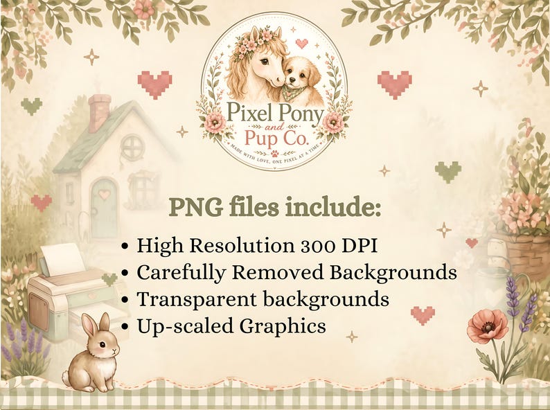 K&ouml;nnte beinhalten: Eine digitale Grafik mit dem Text Pixel Pony and Pup Co. und einer Illustration von Pony und Welpe. Das Bild listet auf: PNG files include: High Resolution 300 DPI, Carefully Removed Backgrounds, Transparent backgrounds, Up-scaled Graphics.