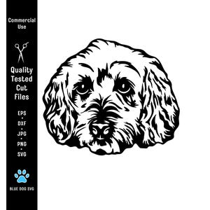 以下が含まれることがあります： 犬の顔の白黒線画イラスト。画像はカットファイルで、左側に「Commercial Use」と「Quality Tested Cut Files」という文字があります。「BLUE DOG SVG」という文字も表示されています。