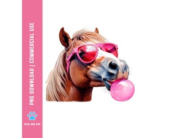 Funny Horse Blowing Bubble Gum PNG: Sunglasses Pony Clipart (Digital Download)