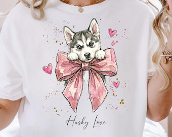 Coquette Siberian Husky PNG, Watercolor Husky Dog Bow Sublimation Design (Digital Download)