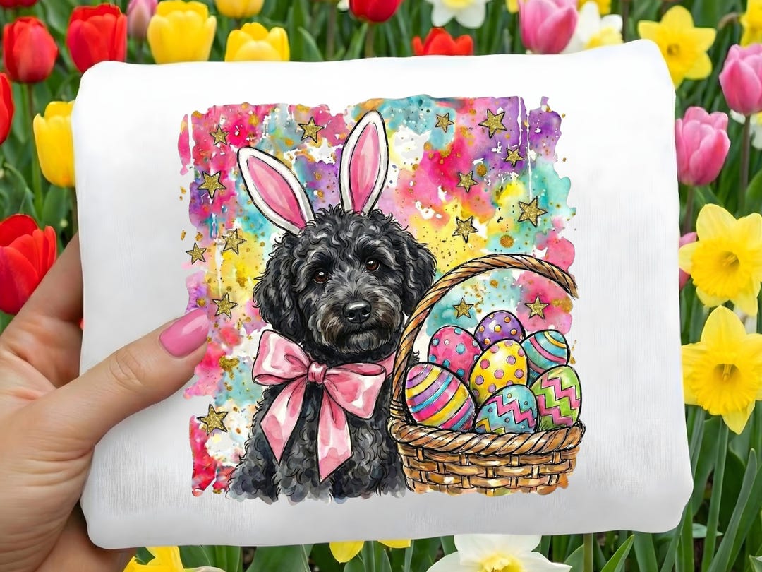 Easter Black Doodle PNG, Coquette Watercolor Doodle Dog With Bunny Ears ...