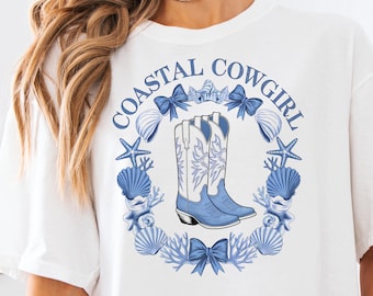 Kustnära cowgirlstövlar PNG: Sublimeringsdesign med snäckskal vid havet (digital nedladdning)