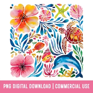 Boho Blumen Meeresschildkröte Png Ozeanszene Clip Art Delfin Strand Meer Pinselstrich Design Png Durch die Sublimation an der Küste
