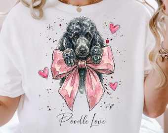 Coquette Black Poodle PNG, Watercolor Poodle Dog Bow Sublimation Design (Digital Download)