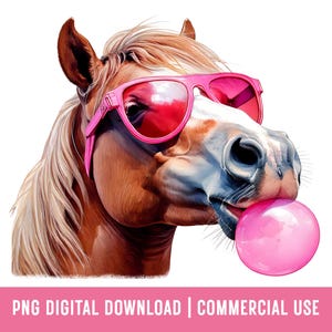 Caballo soplando chicle PNG, lindo caballo burbuja PNG, caballo divertido PNG, caballo con gafas de sol PNG, descarga digital para sublimación