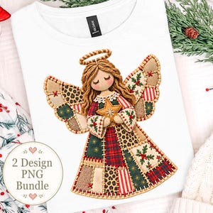 Faux Patchwork Angel PNG Bundle, Striped Christmas Sublimation Design, Plaid Leopard Angel DTF Transfer File (Digital Download)