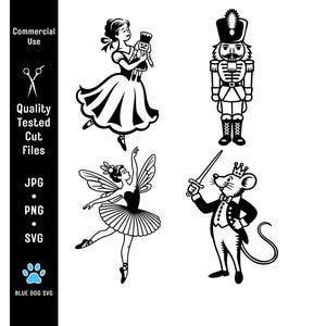 May include: Black and white illustrations of characters from The Nutcracker ballet. Includes a ballerina holding a nutcracker, a nutcracker soldier, a fairy ballerina, and a mouse king. The image also includes the text "Commercial Use", "Quality Tested Cut Files", and file type icons.