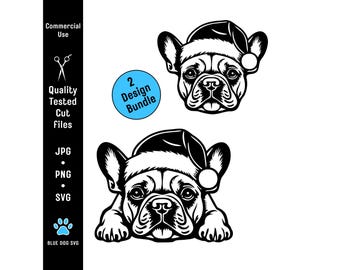 Bulldog francés navideño en formato SVG, JPG y PNG: imágenes prediseñadas navideñas de bulldog francés con gorro de Papá Noel (paquete de descarga digital).