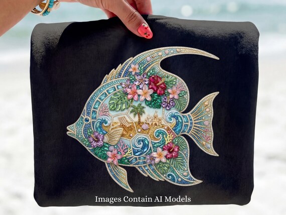 Faux Rhinestone Tropical Fish PNG, Bejeweled Tropical Beach Design, Floral Hawaiian Fish Download, Gemstone Summer Ocean Clipart