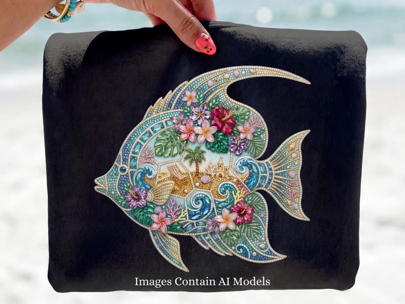 A vibrant digital design of a tropical fish decorated with a faux rhinestone and gemstone texture. The fish features a miniature tropical beach scene with a palm tree, beach chair, and waves, accented by pink hibiscus flowers. Intended for crafts, sublimation and DTF printing.