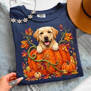 May include: A navy blue t-shirt featuring a graphic of a yellow Labrador retriever sitting inside a large orange pumpkin. The design includes colorful autumn leaves and vines surrounding the pumpkin. The shirt has a Comfort Colors brand label.
