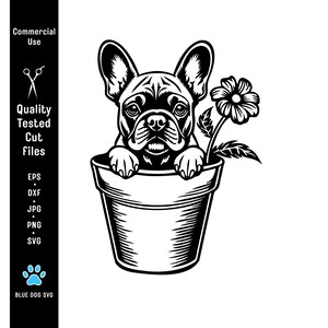 May include: A black and white illustration of a French Bulldog puppy in a flower pot with a flower. The image is a cut file, with the words "Commercial Use" and "Quality Tested Cut Files" on the left side.