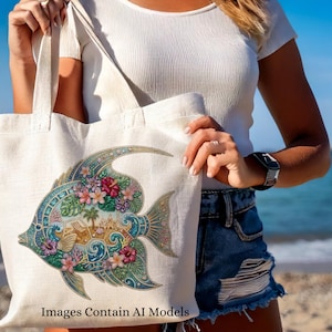 A vibrant digital design of a tropical fish decorated with a faux rhinestone and gemstone texture. The fish features a miniature tropical beach scene with a palm tree, beach chair, and waves, accented by pink hibiscus flowers. Intended for crafts, sublimation and DTF printing.