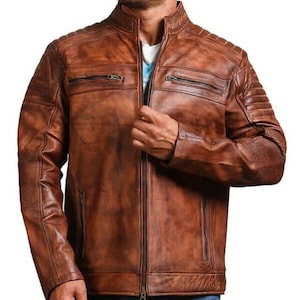 Men&#39;s Handmade Vintage Leather Jacket, Mens Brown Real Leather Jacket, Distressed Waxed Motorcycle Leather Jacket, Cafe Racer Style Jacket