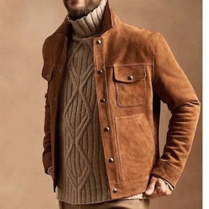 Blouson homme en cuir souple marron en daim véritable, Blouson en cuir souple marron pour homme, Blouson camionneur Cafe Racer, Cowboy de style occidental
