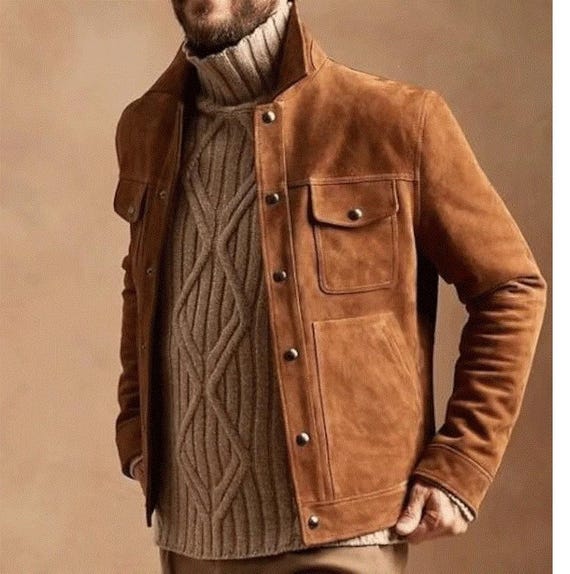 Blouson homme en cuir souple marron en daim véritable, Blouson en